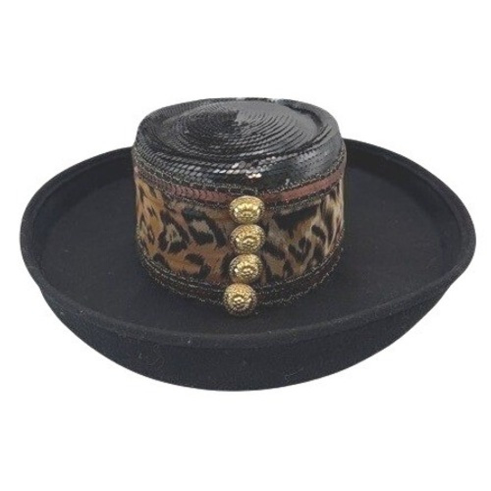 Vintage Whittall & Shon Wool Hat Black‎ Leopard Sequin Derby Made USA